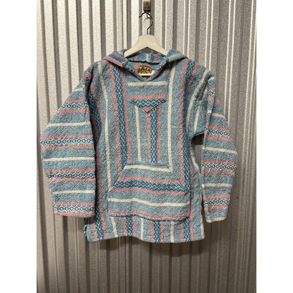 Baja Joe Mexican Hoodie Poncho Hippie Pullover Knit Pink Blue Sz Small Boho Chic - Picture 1 of 10